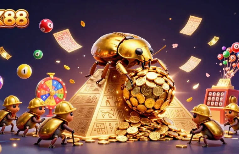 Experience exhilarating gaming adventures with NK88, featuring cartoon beetles and golden coins.