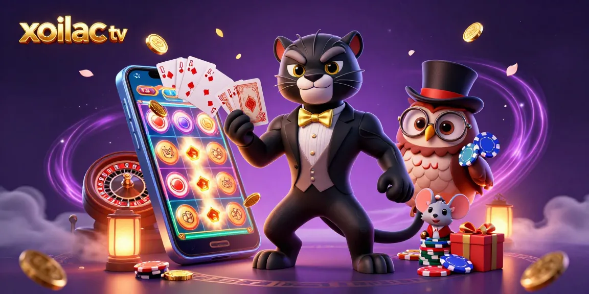 Xoilac TV features a stylish panther dealing cards elegantly amidst dynamic gambling elements and vibrant visuals.
