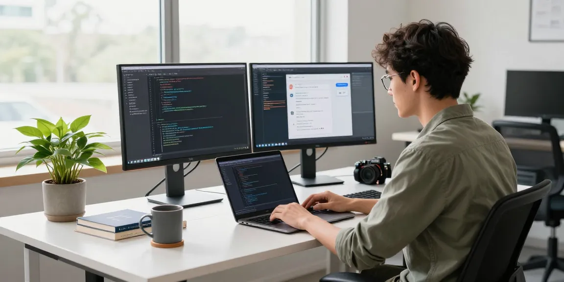 Developer working on a coding project with 纸飞机中文版 software displayed on monitors in a bright office.