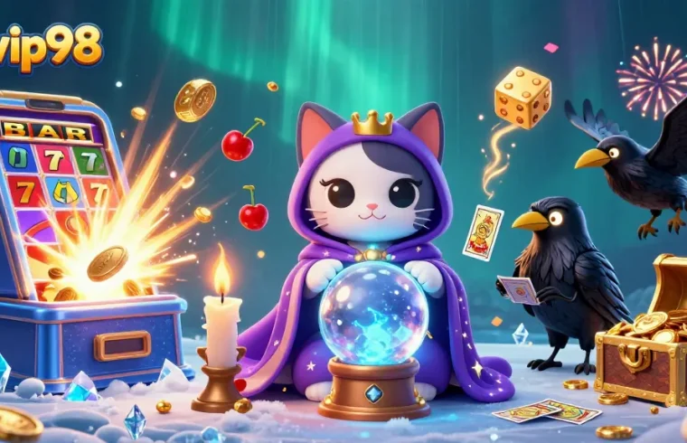 Engage with thrilling casino action on rikvip98 featuring a 3D fortune teller cat and jackpot scene.