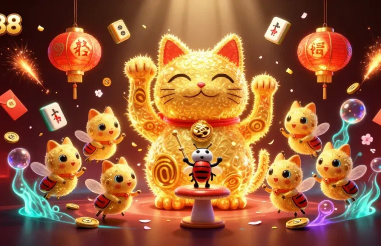 Engage with Go88's vibrant lucky cat formation in a lively casino scene filled with golden fireflies.