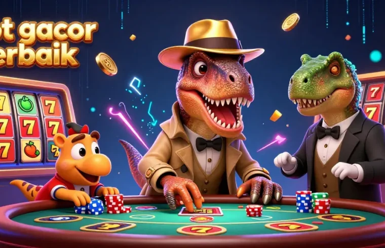 Slot gacor terbaik menampilkan ilustrasi dino penjudi yang imut di meja slot dengan efek menarik.