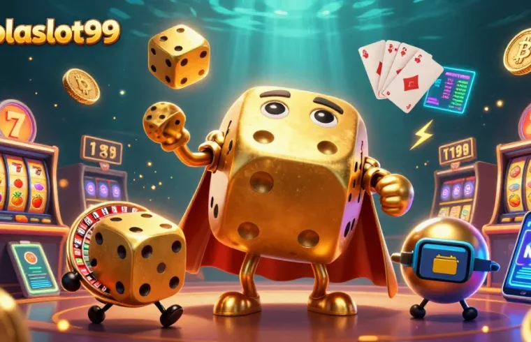 Join the thrilling world of bolaslot99 with a vibrant casino scene featuring golden dice and slot reels.