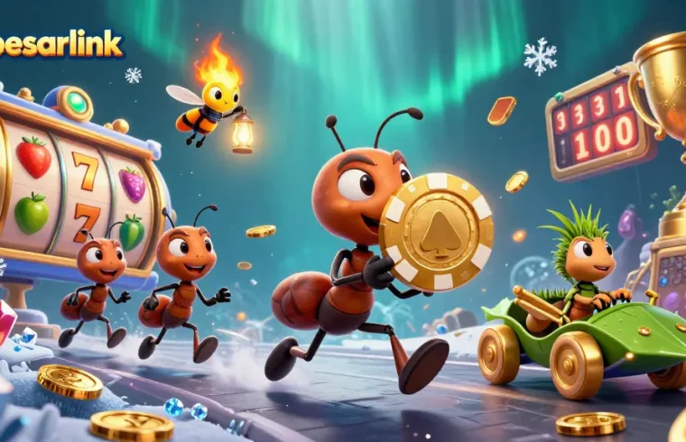 Ants carry a massive golden poker chip while slot reels spin, representing slotbesarlink excitement.