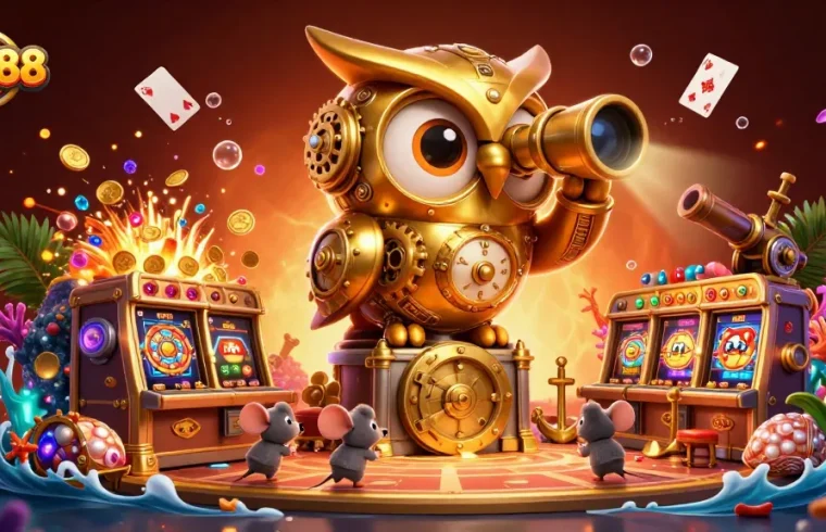 Experience FLY88's vibrant casino action with this dynamic illustration depicting a whimsical scene.