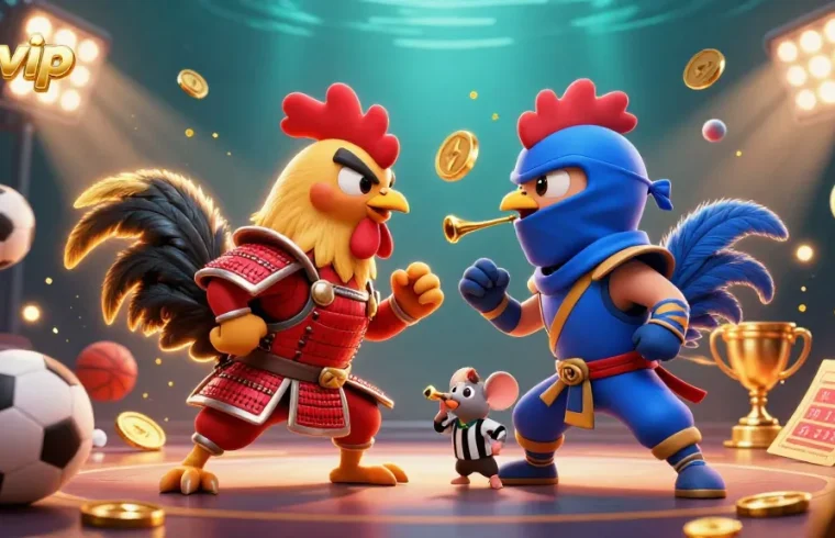 rikvip's dynamic casino showdown with cartoon roosters, sports elements, and vibrant energy