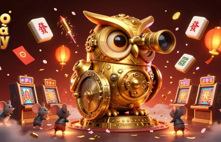 Experience thrilling kèo nhà cái excitement with a dynamic casino scene featuring a golden owl and tiny mice.