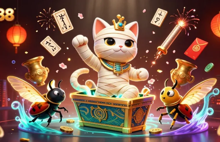 Experience thrilling wins at qs88 with a 3D Egyptian mummy cat and vibrant casino elements.