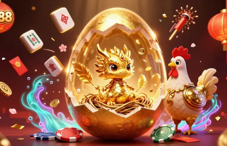 FLY88 offers thrilling gaming experiences with its visually stunning golden dragon and poker chips arrangement.