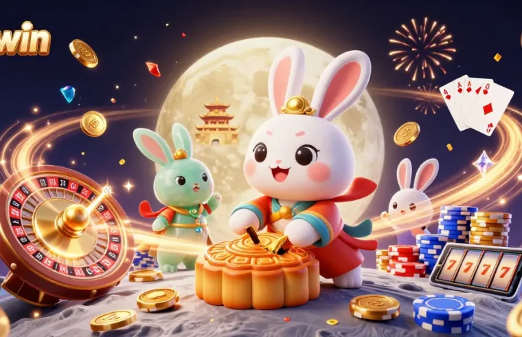 Win big with the vibrant 98win illustration showcasing a moon rabbit gaming among dazzling casino elements.