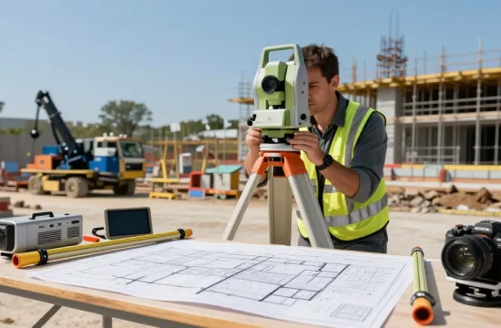 Topographical surveys London showcased by a surveyor measuring land with advanced equipment at a construction site.