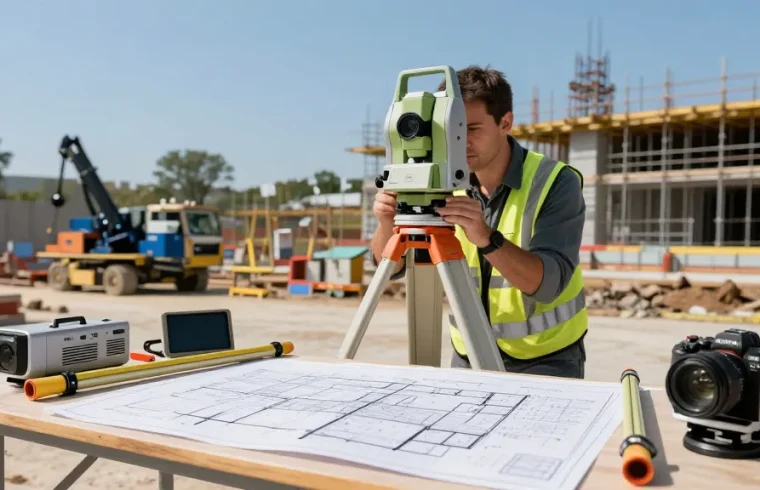 Topographical surveys London showcased by a surveyor measuring land with advanced equipment at a construction site.