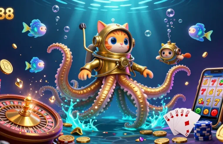 GK88 showcases thrilling casino action with a dynamic kraken, diving cat, and vibrant game elements.
