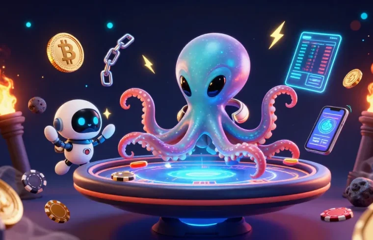 Engage in thrilling gameplay with Sunwin at a cosmic poker table featuring an alien octopus.