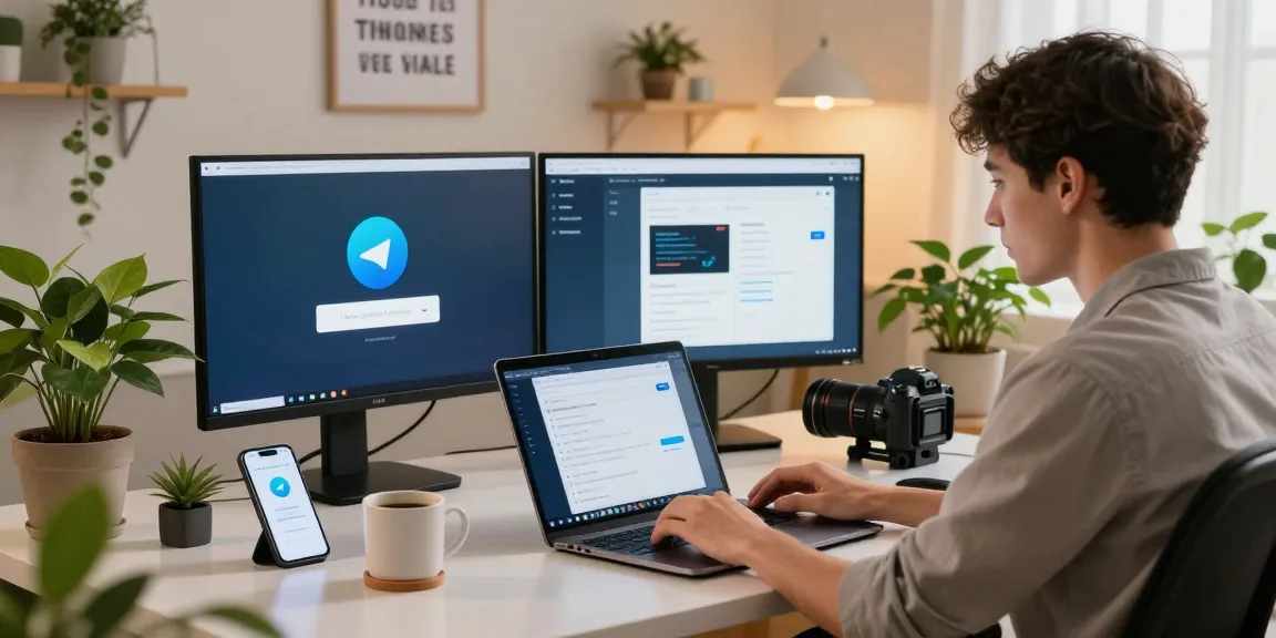 Experience seamless Telegram Download in a modern workspace with vibrant plants and tech.