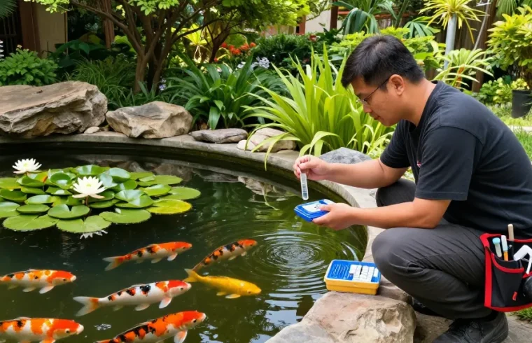 Pond specialist testing water quality in a serene garden pond surrounded by greenery and koi fish.