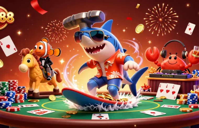 Engage with the thrilling world of NK88, showcasing a fun 3D casino scene with vibrant characters and poker elements.