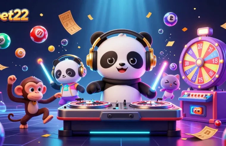 Join the vibrant world of debet22, where a DJ panda and friends celebrate casino gaming with colorful lottery and bingo elements.