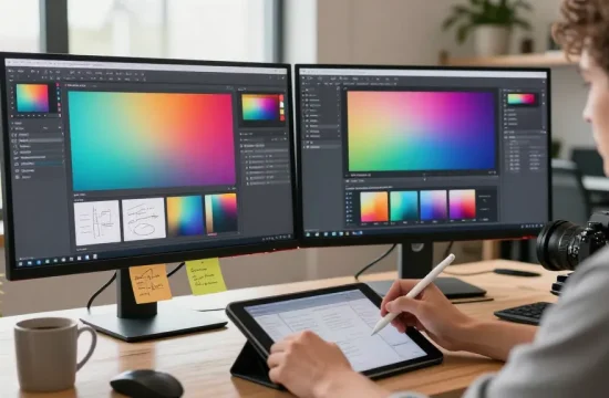 Designer using 截图软件 on dual monitors in a bright workspace, enhancing creativity.