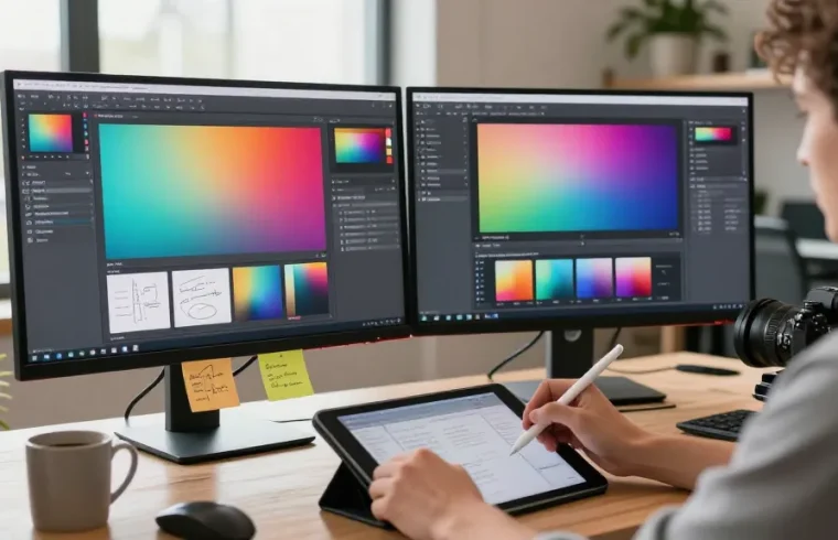 Designer using 截图软件 on dual monitors in a bright workspace, enhancing creativity.