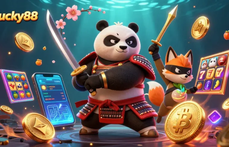 Lucky88 showcases an epic casino illustration with samurai panda and ninja fox amidst vibrant slot symbols.