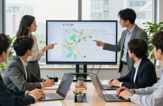 Agencia SEO Local: equipo de expertos analizando datos de Google Maps en oficina moderna.