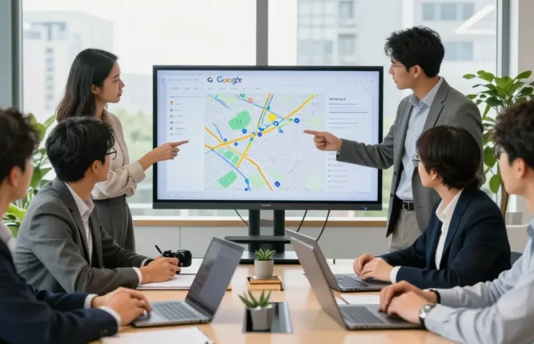 Agencia SEO Local: equipo de expertos analizando datos de Google Maps en oficina moderna.