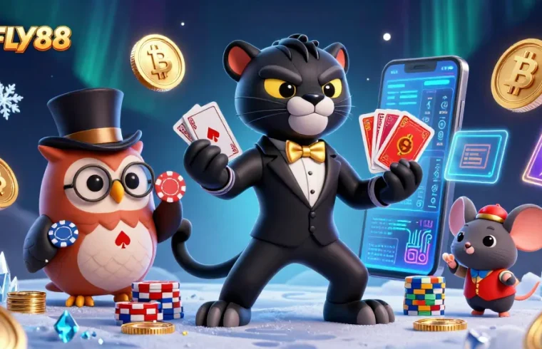 FLY88 features a stylish black panther dealer, an owl with poker chips, and a lucky mouse among vibrant casino elements.