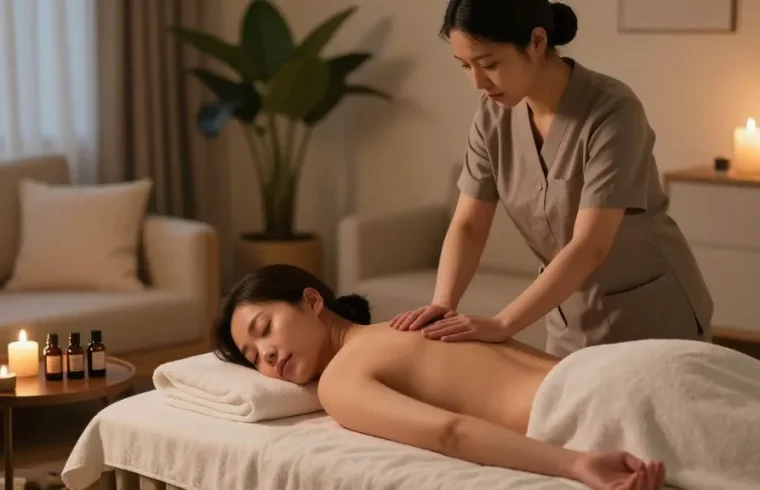 Expert 종로출장마사지 therapy session in a serene home setting with warm candlelight and soothing atmosphere.