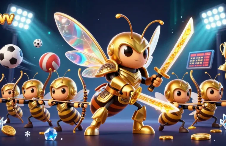 Bet on exciting sports with 88vv, featuring a vibrant illustration of a hornet samurai and bee archers.