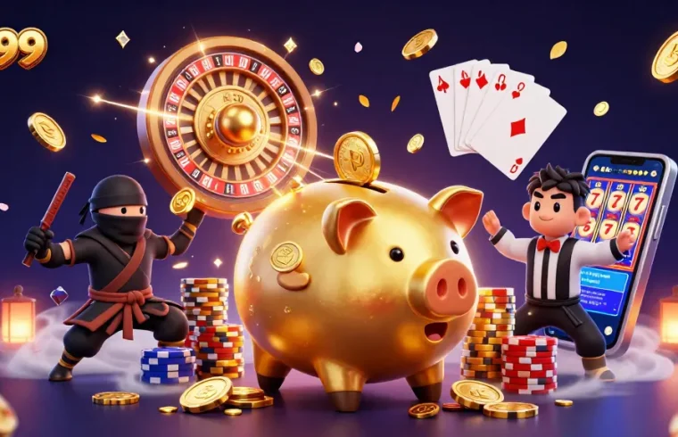 Engage with PG99's vibrant casino adventure featuring a sumo wrestler and ninja in action.