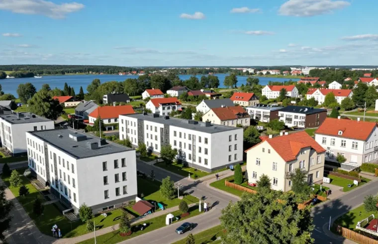 Widok nieruchomości z drona Olsztyn, ukazujący różnorodność stylów architektonicznych i otaczającą przyrodę.