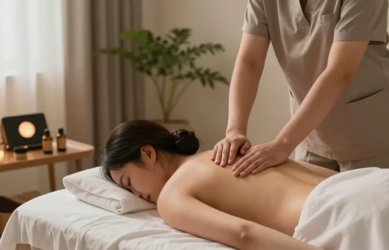 Experience a soothing 부천출장마사지 in a relaxing home ambiance with serene lighting and massage tools.