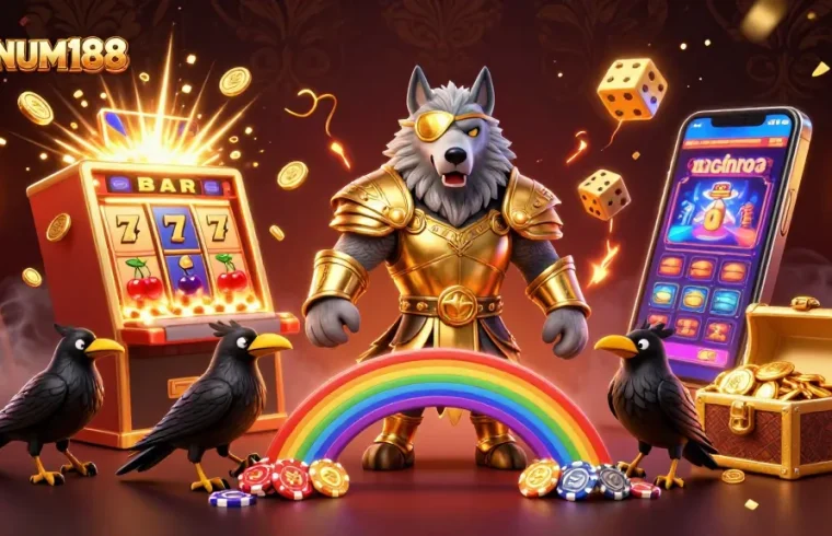 Experience the thrill of MAGNUM188 with an exciting 3D casino scene featuring Odin and ravens in a vibrant, jackpot-filled environment.