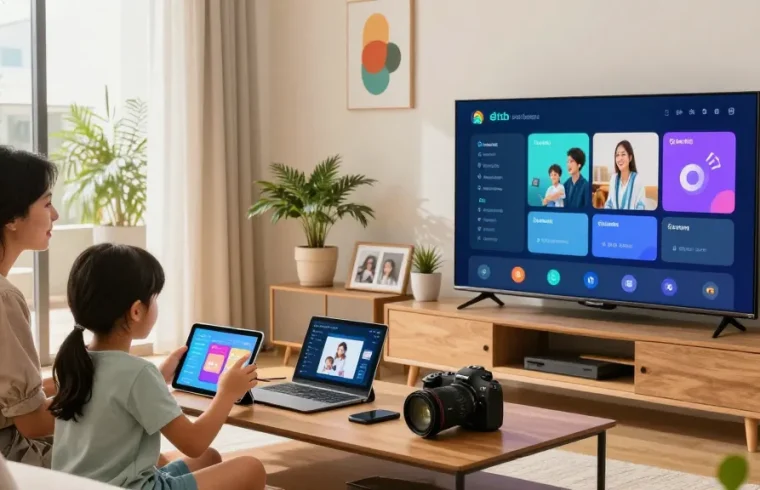 Configuración de internet etb internet hogar medellin en sala moderna con familia usando dispositivos digitales.