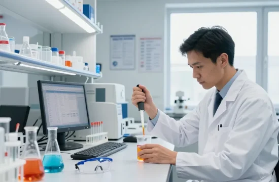 Analytical chemist in a lab examining chemical reagents, highlighting Ozon Chemical as a leading chemical supplier in Europe.