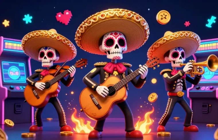 Experience thrilling gaming with ea88's Day of the Dead mariachi band in a vibrant casino-inspired scene.