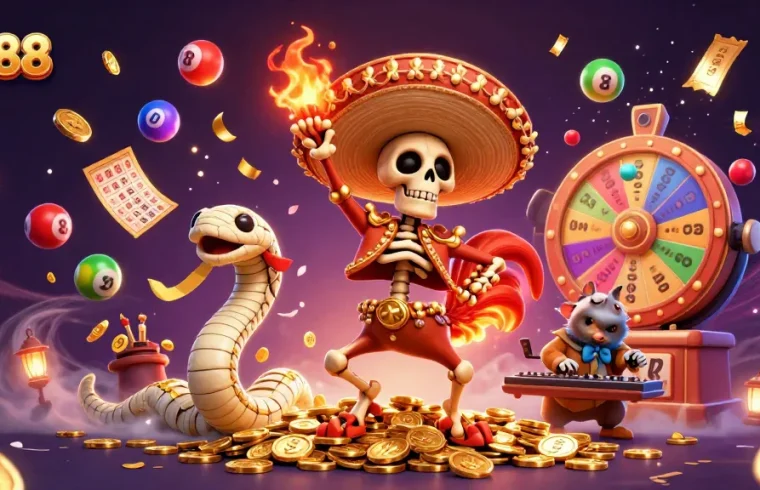 Experience the vibrant energy of QS88 with festive characters and dynamic gambling elements.