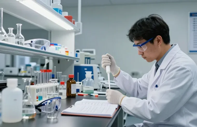 Buy nitroethane in bulk for laboratory use, showcasing a chemist handling the substance in a safe environment.