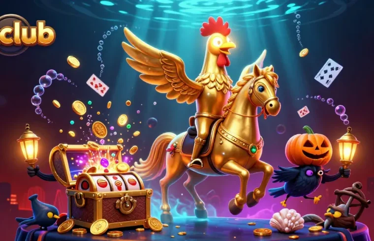 Play and win exciting games at hitclub with a golden rooster character amidst colorful slot visuals.