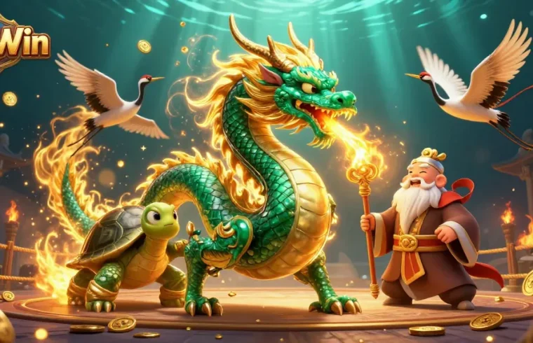 Experience thrilling action with 23Win at an epic casino battle scene featuring a jade dragon and lucky cranes.