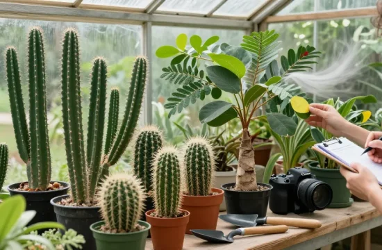 Mimosa hostilis root bark for sale amidst healthy Lophophora williamsii cacti, showcasing a nurturing garden atmosphere.
