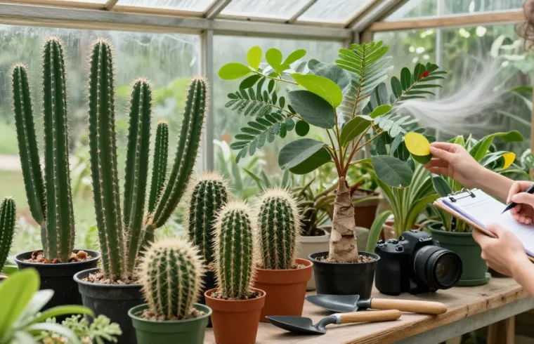 Mimosa hostilis root bark for sale amidst healthy Lophophora williamsii cacti, showcasing a nurturing garden atmosphere.