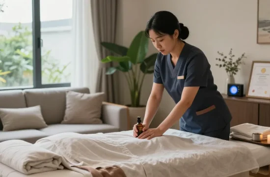 Experience relaxing 용산출장안마 therapy at home with a professional Korean massage therapist in a serene living room.