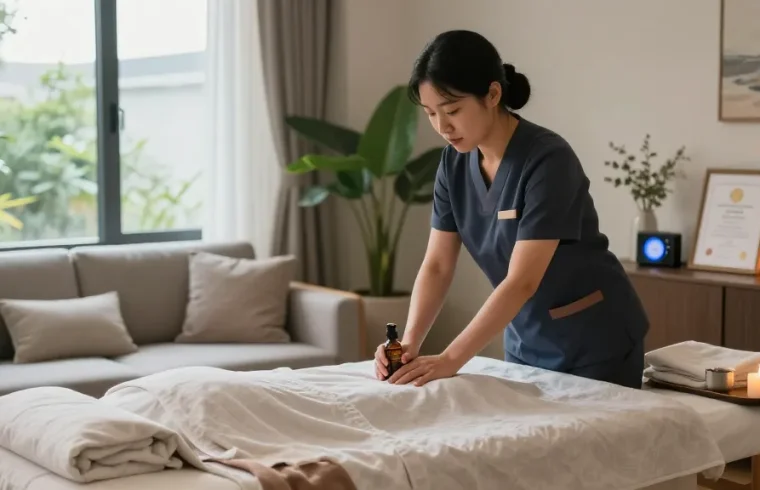Experience relaxing 용산출장안마 therapy at home with a professional Korean massage therapist in a serene living room.