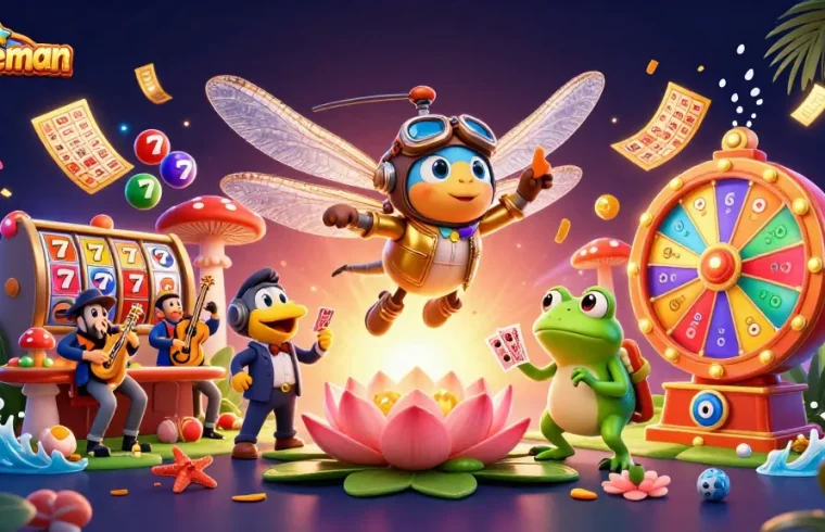 Spin to win big with Spaceman slots alongside a dragonfly pilot and frog dealer in a vibrant casino.