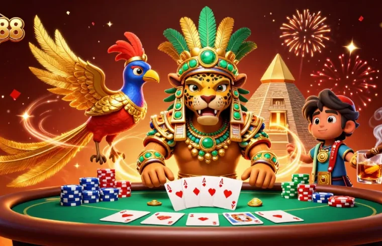 Experience the excitement of TG88 as a Mayan jaguar priest plays cards amidst colorful poker elements.