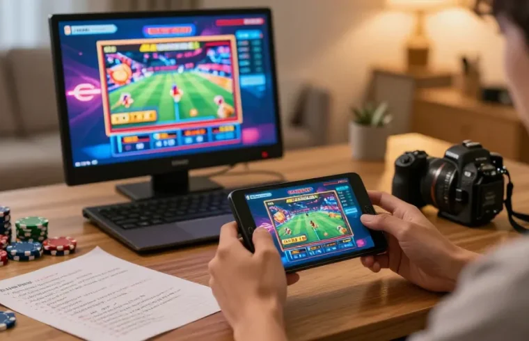 Explore link alternatif raja328 in an engaging home gaming scene with vibrant slot visuals.