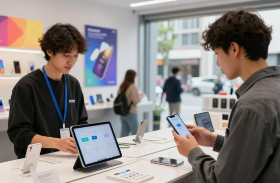 Comprar eSIM en una tienda moderna con un cliente interactuando con el asistente.