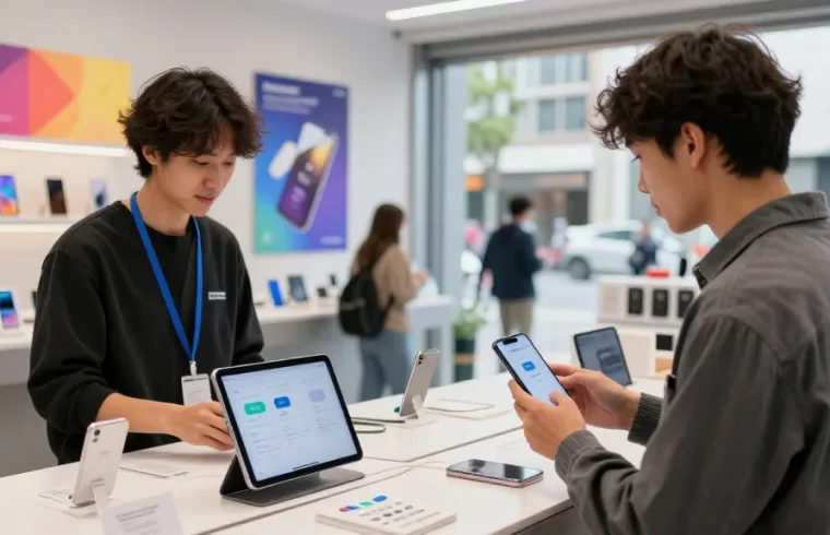 Comprar eSIM en una tienda moderna con un cliente interactuando con el asistente.
